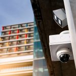 CCTV security camera video system for safety installed outside office building. Closed circuit television . CCTV electronic security system. Police equipment. Video surveillance camera technology.